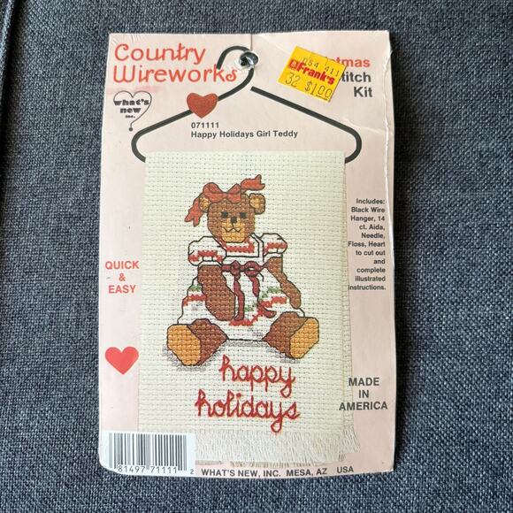 Vintage Other - Happy Holidays Girl Teddy Vintage Counted Cross Stitch Kit by Country Wireworks